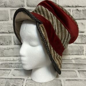 Hat by Tatiana Rakhmanina, Handmade in the USA, tan copper stripes & red velvet